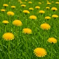 Ett fält med klargula maskrosblommor i full blom står mitt bland frodigt grönt gräs på en solig dag.