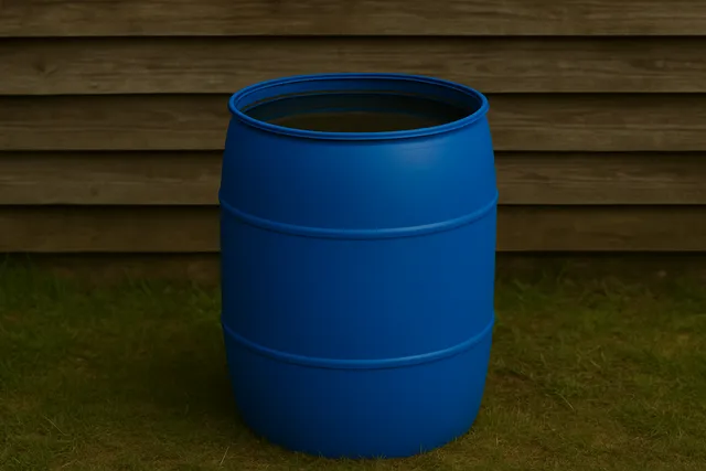 En stor blå plasttunna med öppen topp som står på grönt gräs framför en vägg med träpanel.