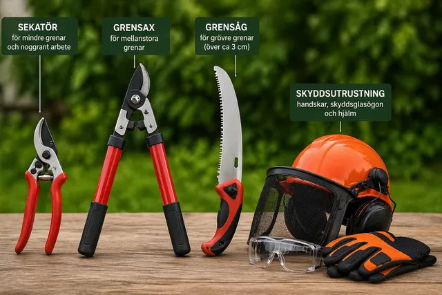 Tre trädgårdsredskap (sekatör, grensax och sekatörssåg) och skyddsutrustning (hjälm, handskar, skyddsglasögon, hörselkåpor) är utplacerade på en träyta utomhus, var och en märkt med användningsområde.