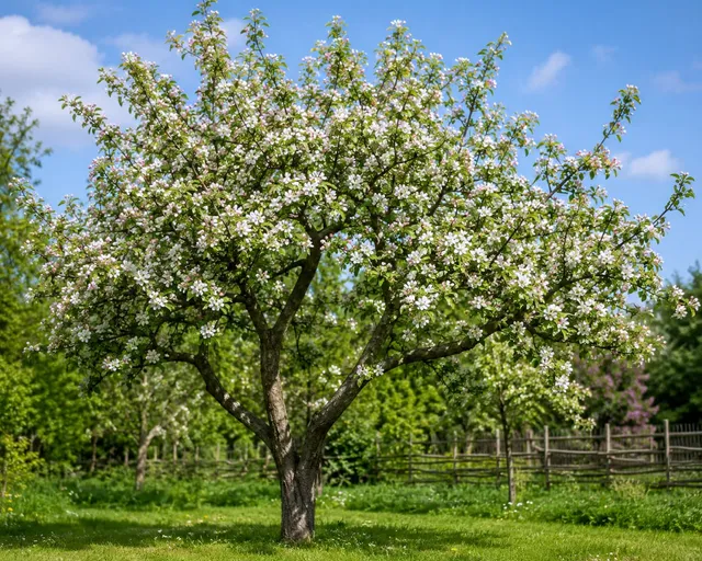 Ett blommande äppelträd täckt av vita blommor står på grönt gräs i en solig trädgård, med ett trästaket och andra träd i bakgrunden under en blå himmel med spridda moln.