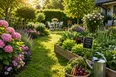 En grönskande trädgård med blommande blommor, upphöjda grönsaksbäddar, en korg med färskvaror och en vattenkanna. På en liten skylt på svenska står det "Näring Kärlek Omsorg". I bakgrunden står ett bord och stolar i solljuset.