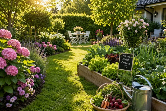 En grönskande trädgård med blommande blommor, upphöjda grönsaksbäddar, en korg med färskvaror och en vattenkanna. På en liten skylt på svenska står det "Näring Kärlek Omsorg". I bakgrunden står ett bord och stolar i solljuset.