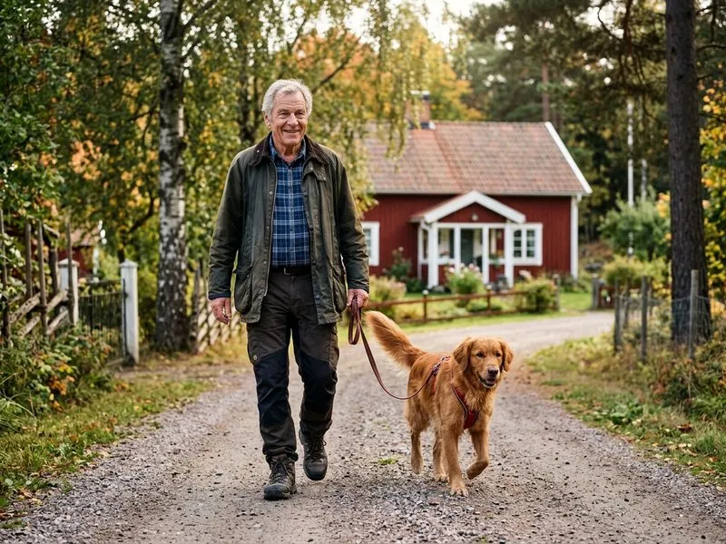 Erfaren senior från Boing All-Service på hundpromenad längs en grusväg i Sörmland
