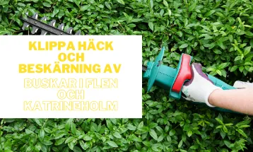 Trädgårdsarbetare med handskar som klipper gröna buskar med elektrisk häcksax i Flen och Katrineholm.