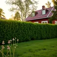 Ett rött hus med vita lister och sluttande tak syns delvis bakom en hög, välklippt grön häck. I förgrunden finns en grön gräsmatta med några rosa vildblommor. Träd omger området i solnedgången.