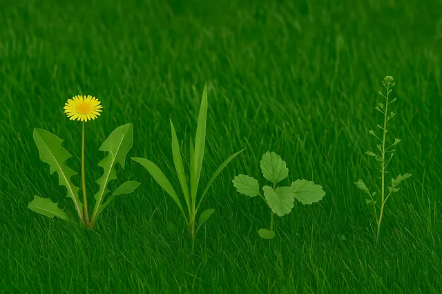 Fyra olika ogräs som växer i grönt gräs: en maskros med en gul blomma, ett gräsbevuxet ogräs med långa blad, en växt med rundade blad och ett högt ogräs med små knoppar i toppen.